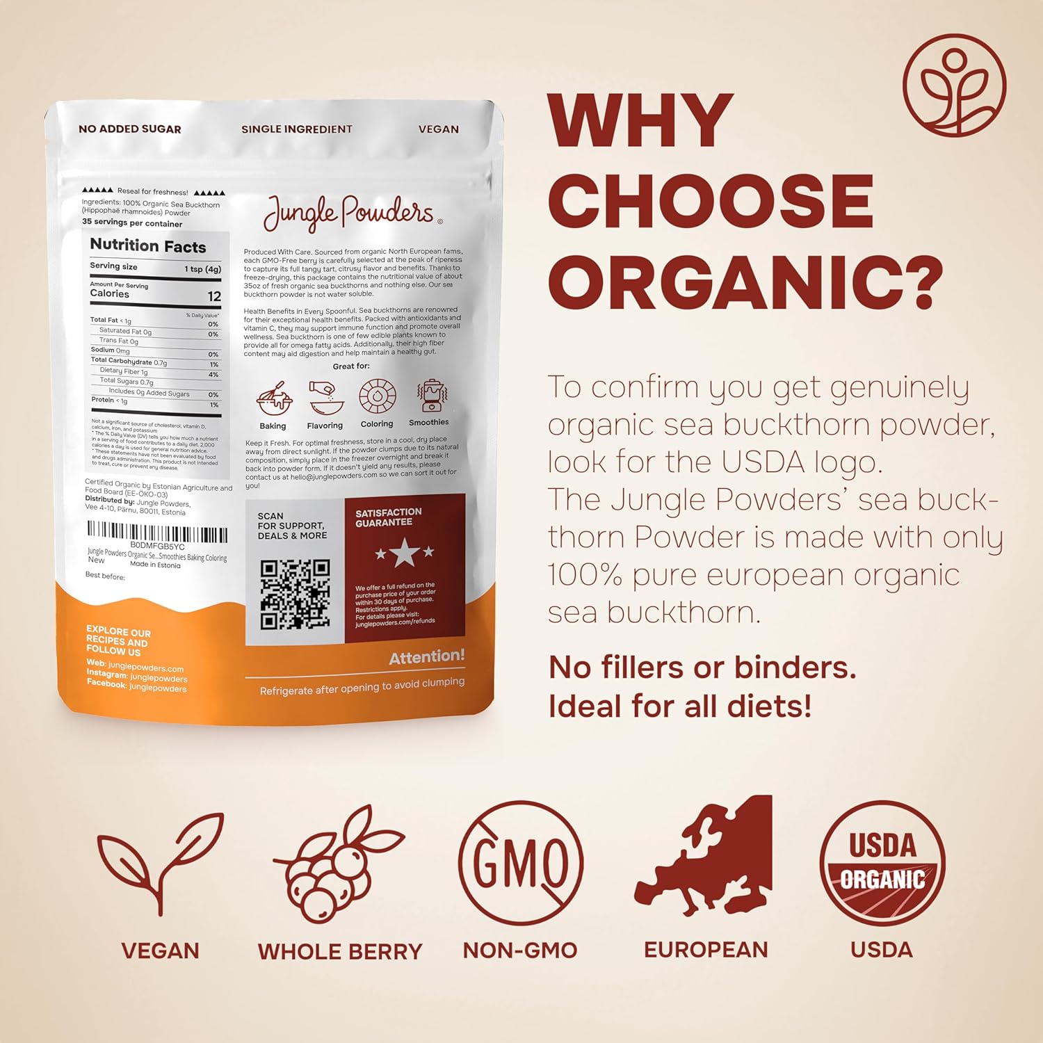 Organic Sea Buckthorn Powder Freeze-Dried 5 Ounce Bag