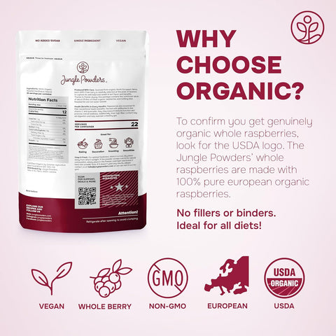 Organic Raspberries Freeze-Dried 3.2 Ounce Bag - USDA Certified