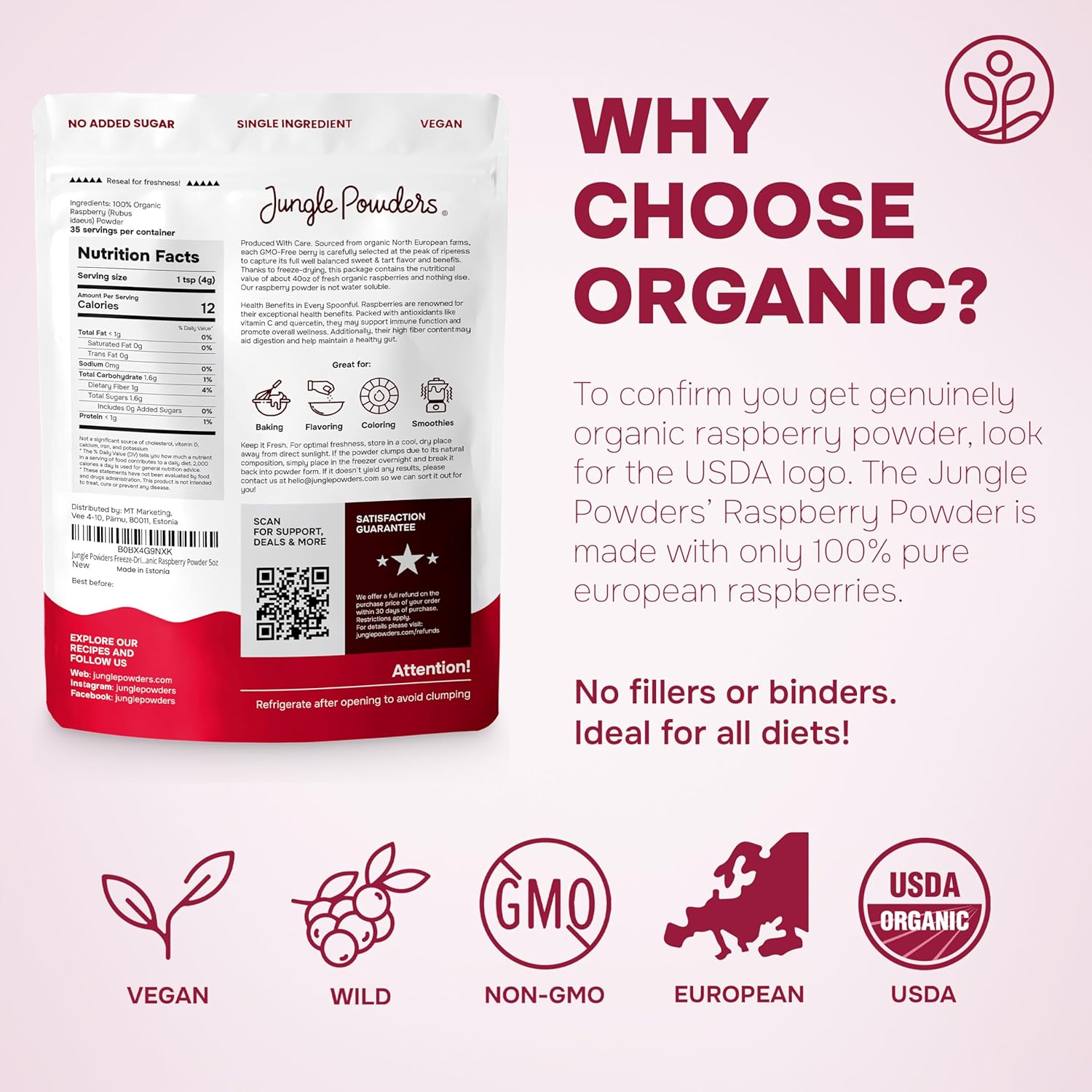 Organic Raspberry Powder Freeze-Dried 5 Ounce Bag