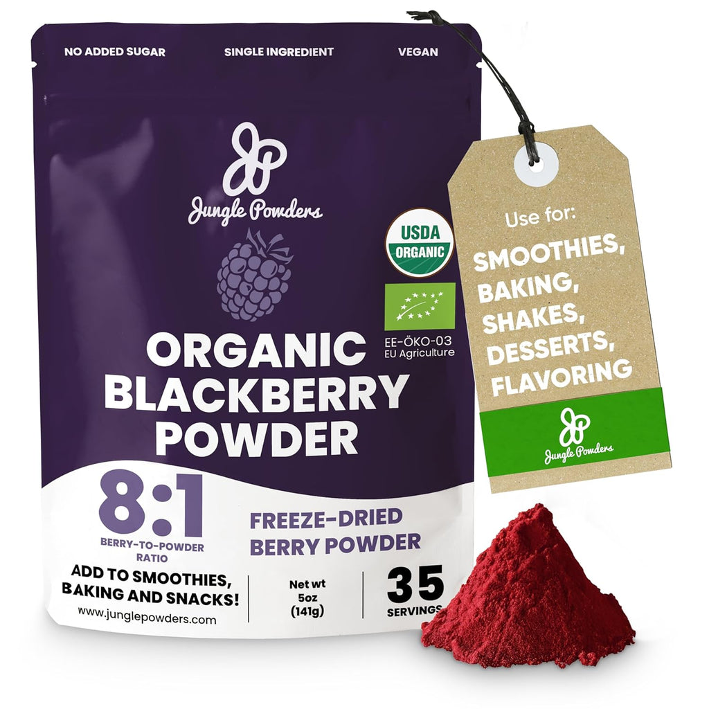 Jungle Powders Organic Blackberry Powder 5 Ounce Bag, USDA Certified Freeze Dried Blackberries Powder for Baking Whole Blackberry Juice Additive Free Extract For Flavoring Jello Puree Concentrate