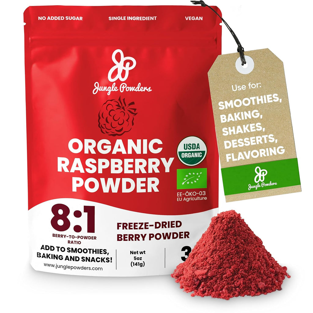 Jungle Powders Organic Raspberry Powder 5 Ounce / 141g Bag, USDA Organic Freeze Dried Raspberries from Whole Berry for Baking, Additive Filler Free Red Superfood Extract Rasberries Smoothies Organic Dehydrated