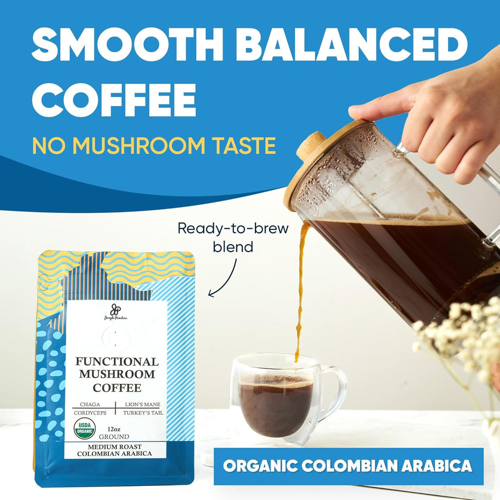 Organic Jungle Powders Mushroom Coffee, Medium Roast Ground Colombian Arabica, 30 servings 4 Mushroom Blend