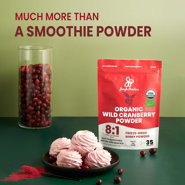 Jungle Powders Organic Wild Cranberry Powder 5 Ounce Bag, USDA Certified Freeze Dried Organic Cranberries Powder for Baking Nordic Flavoring Smoothies, Additive Filler Free Superfood Extract from Whole Berries
