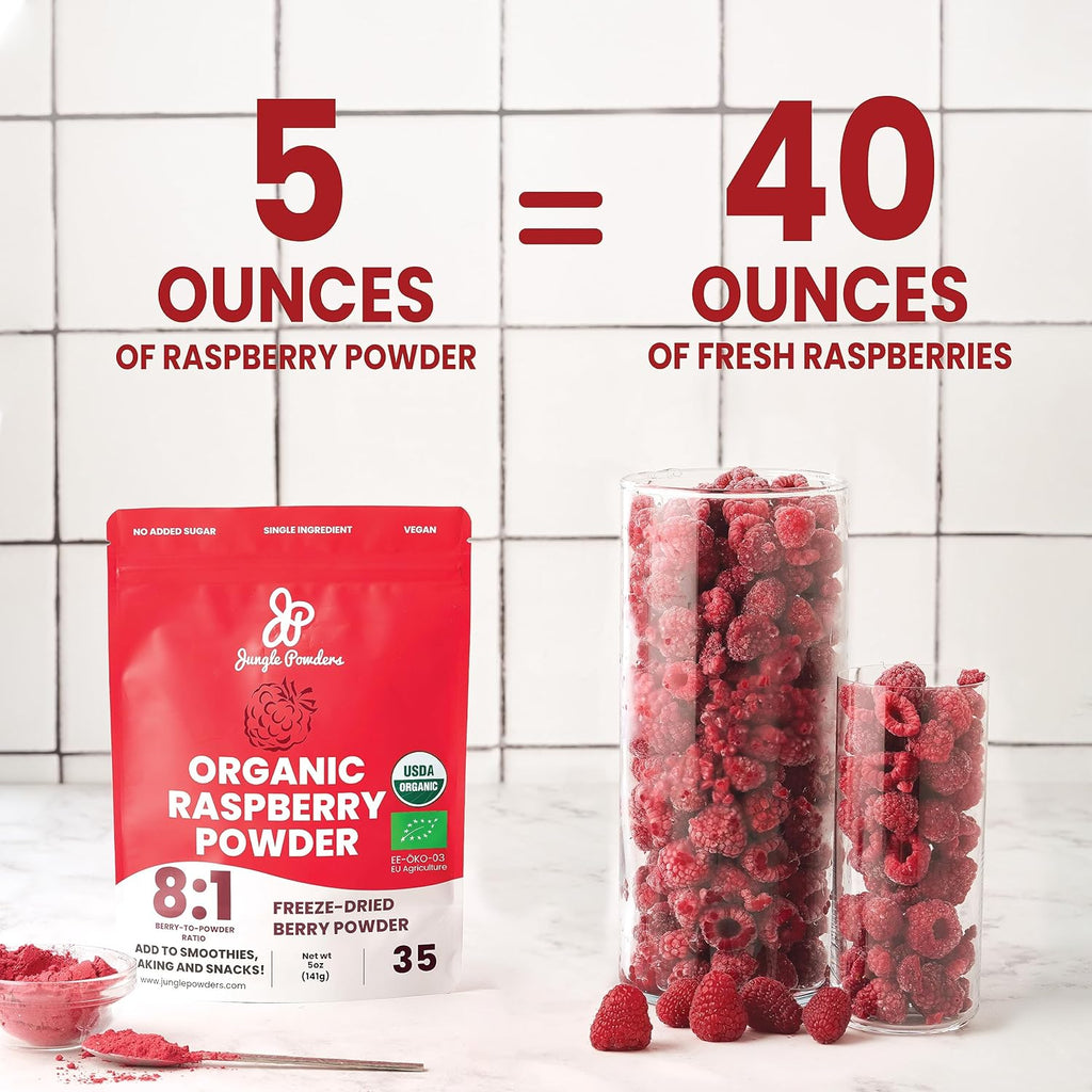 Jungle Powders Organic Raspberry Powder 5 Ounce / 141g Bag, USDA Organic Freeze Dried Raspberries from Whole Berry for Baking, Additive Filler Free Red Superfood Extract Rasberries Smoothies Organic Dehydrated