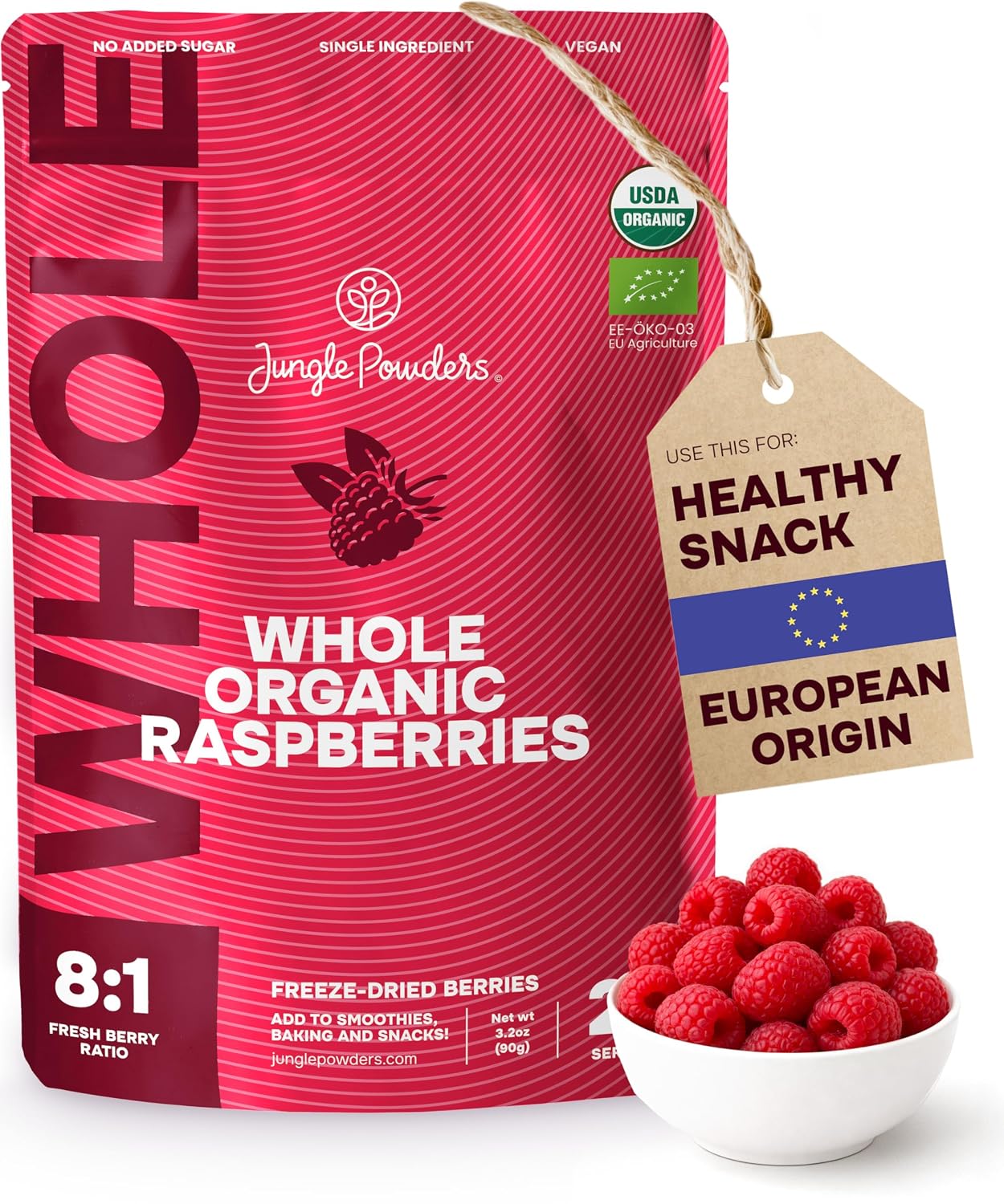 Organic Raspberries Freeze-Dried 3.2 Ounce Bag - USDA Certified