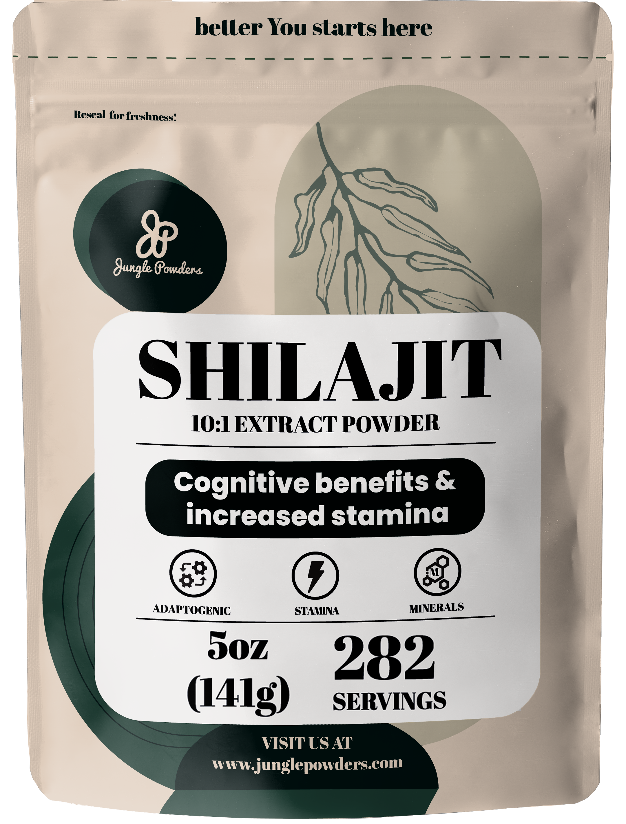 Shilajit extract powder packaging with branding and product details on a beige background