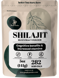 Shilajit extract powder packaging with branding and product details on a beige background