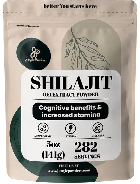 Shilajit extract powder packaging with branding and product details on a beige background