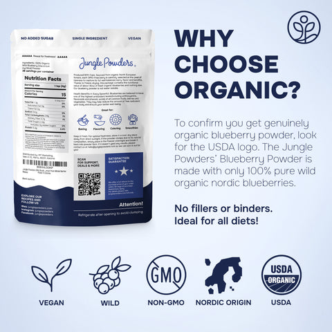 Jungle Powders Wild Blueberry Powder Organic 5 Ounce / 141g Bag Made from Organic Wild Blueberries - Great for Smoothies, Baking, Cooking, Flavoring