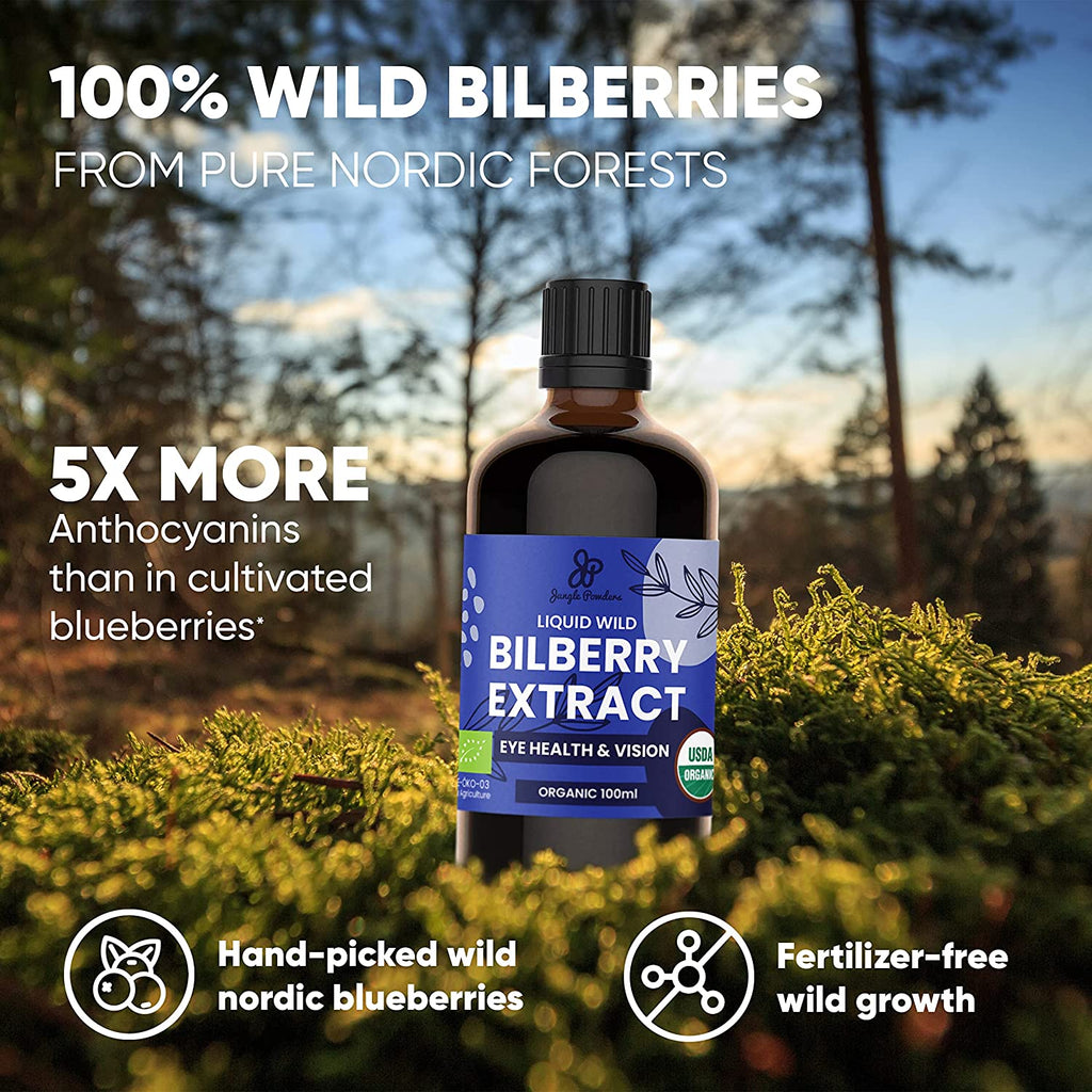 Jungle Powders Wild Bilberry Extract for Eyes USDA Organic 3.4 oz Liquid Bilberry Anthocyanin Supplement Vegan Alcohol-Free European Blueberry Vaccinium Myrtillus High Bioavailability Liquid Extract